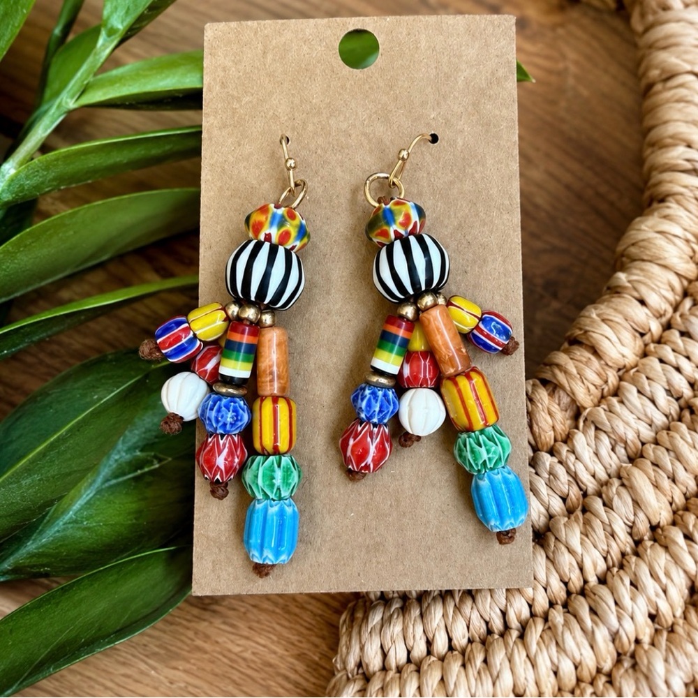 Vintage Artisan Beaded Statement Earrings Colorful Boho Dangle